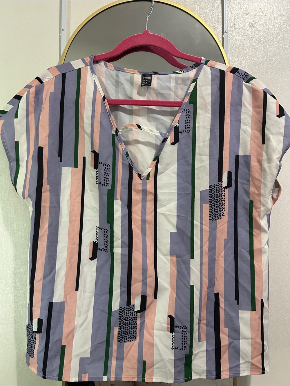 SHEIN Vertical Stripe V-Neck Blouse in Pink, Lavender, Green, Black